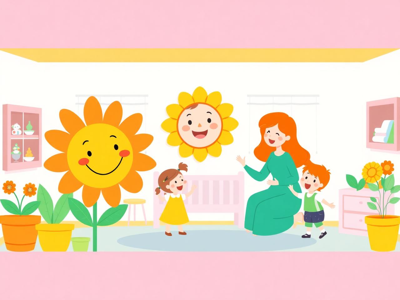 Ilustração de uma creche alegre com crianças e educadora